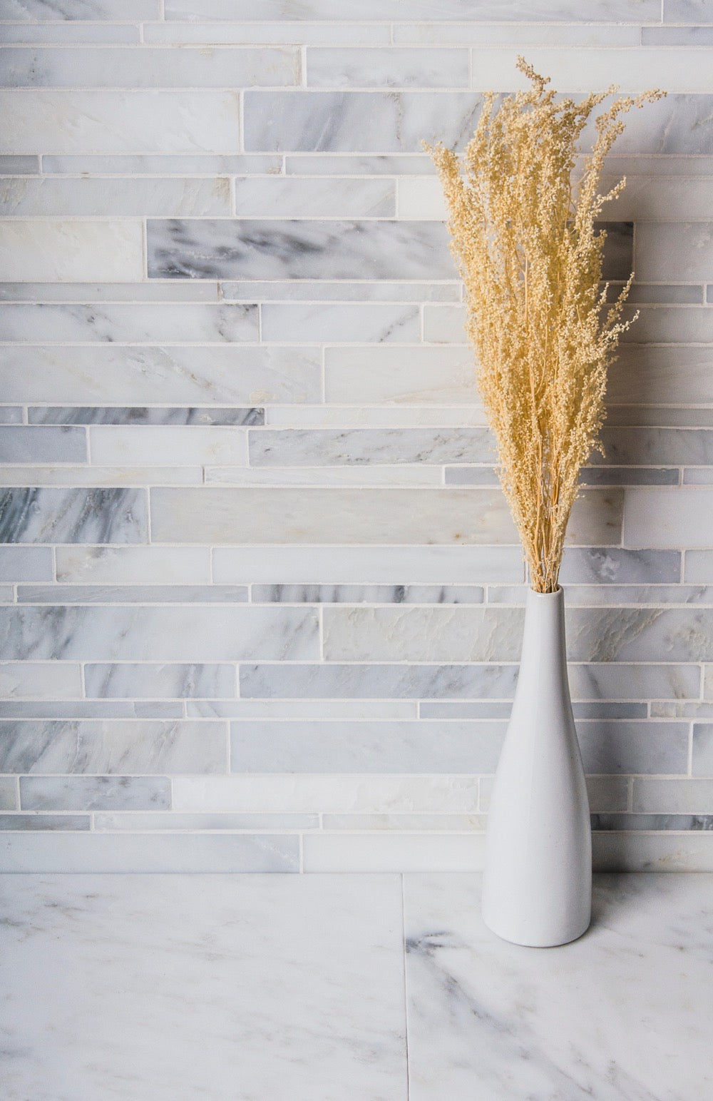 Oriental White Random Strip Polished Marble Mosaic Wall Tile - Sample (Product Shown is Full Size)