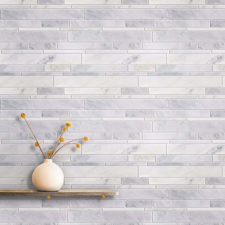 Oriental White Random Strip Polished Marble Mosaic Wall Tile - Sample (Product Shown is Full Size)