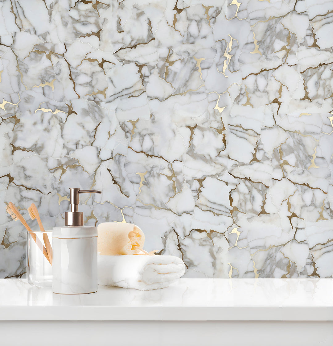 Calacatta Gold Marble Organic Geode 12-in x 11-in Waterjet Mosaic Wall Tile(0.92-sq. ft/ Piece)
