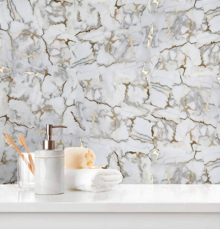 Calacatta Gold Marble Organic Geode 12-in x 11-in Waterjet Mosaic Wall Tile(0.92-sq. ft/ Piece)