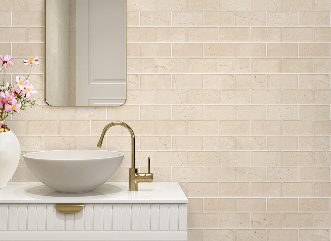 Cream Marfil Bevel Brick 12-in x 12-in Polished Marble Mosaic Wall Tile(1-sq. ft/ Piece)