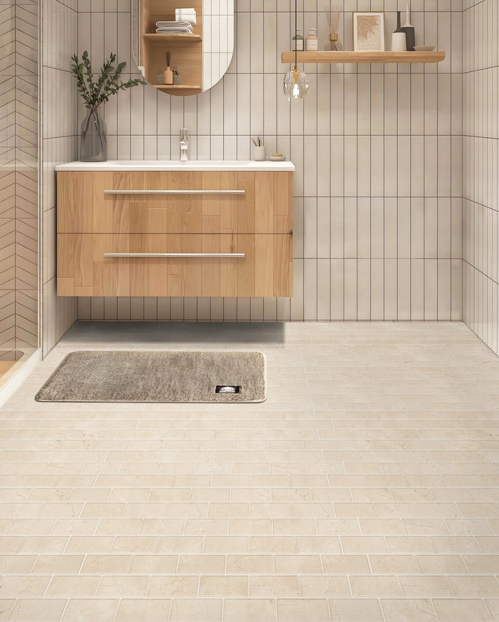 Cream Marfil Bevel Brick 12-in x 12-in Polished Marble Mosaic Wall Tile(1-sq. ft/ Piece)