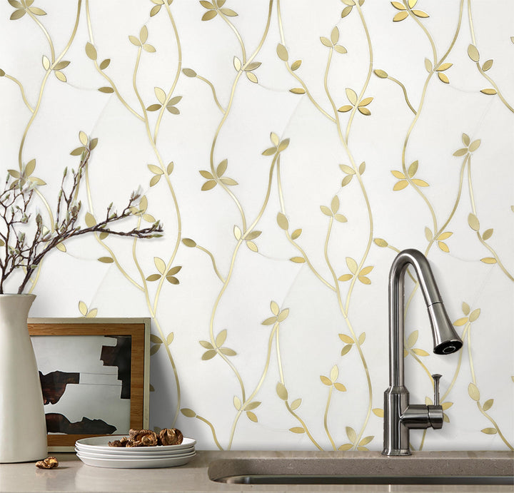 Kitchen backsplash featuring Thassos & Brass Floral Waterjet Mosaic Tile – sophisticated marble and brass floral design adding elegance.