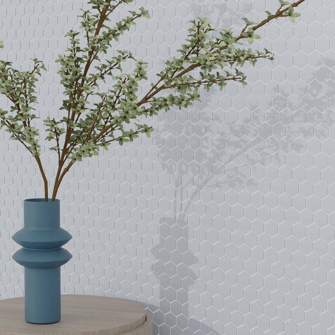 Living room feature wall with Soft Gray Hexagon Matte Porcelain Mosaic Tile – soft neutral tone enhances modern decor.