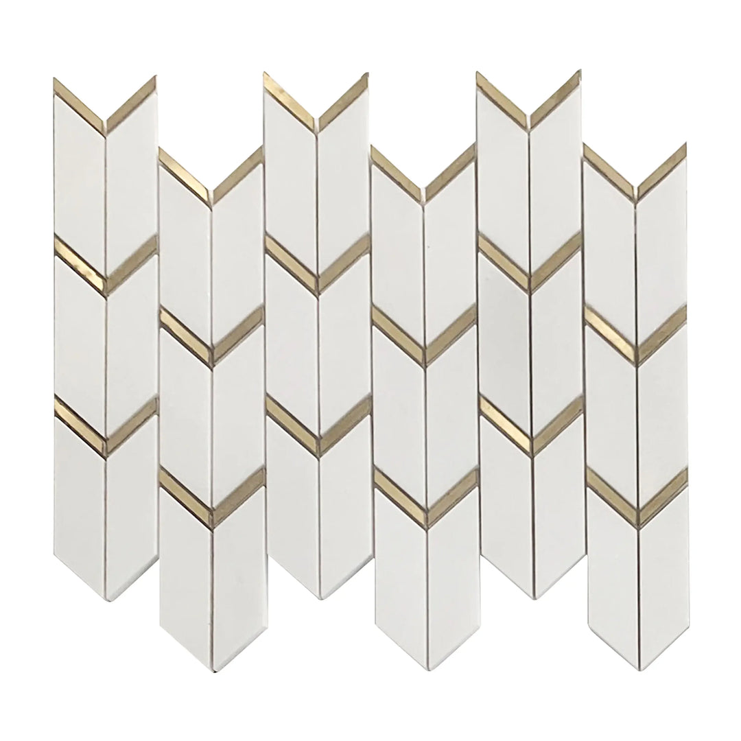 Single 14x12 inch Dolomite White Marble Waterjet Mosaic Tile with Arrow Gold Brass Accent – polished white marble with elegant gold brass arrow detail.