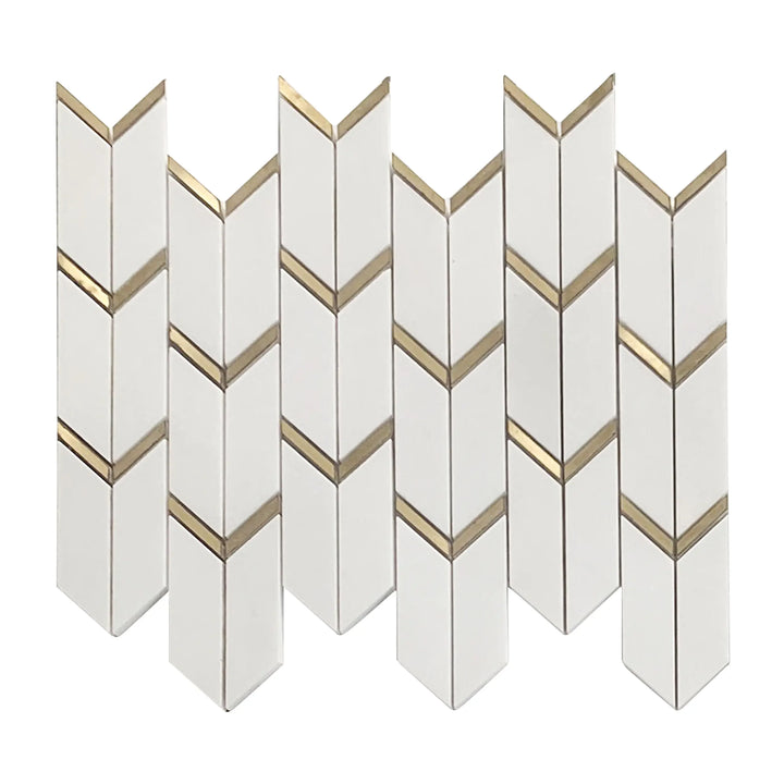 Single 14x12 inch Dolomite White Marble Waterjet Mosaic Tile with Arrow Gold Brass Accent – polished white marble with elegant gold brass arrow detail.