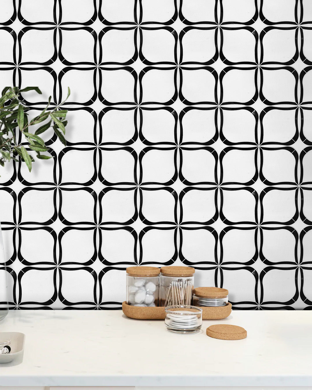 Tulip Pattern Thassos & Black Marble 12-in x 12-in Waterjet Mosaic Floor and Wall Tile(1-sq. ft/ Piece)