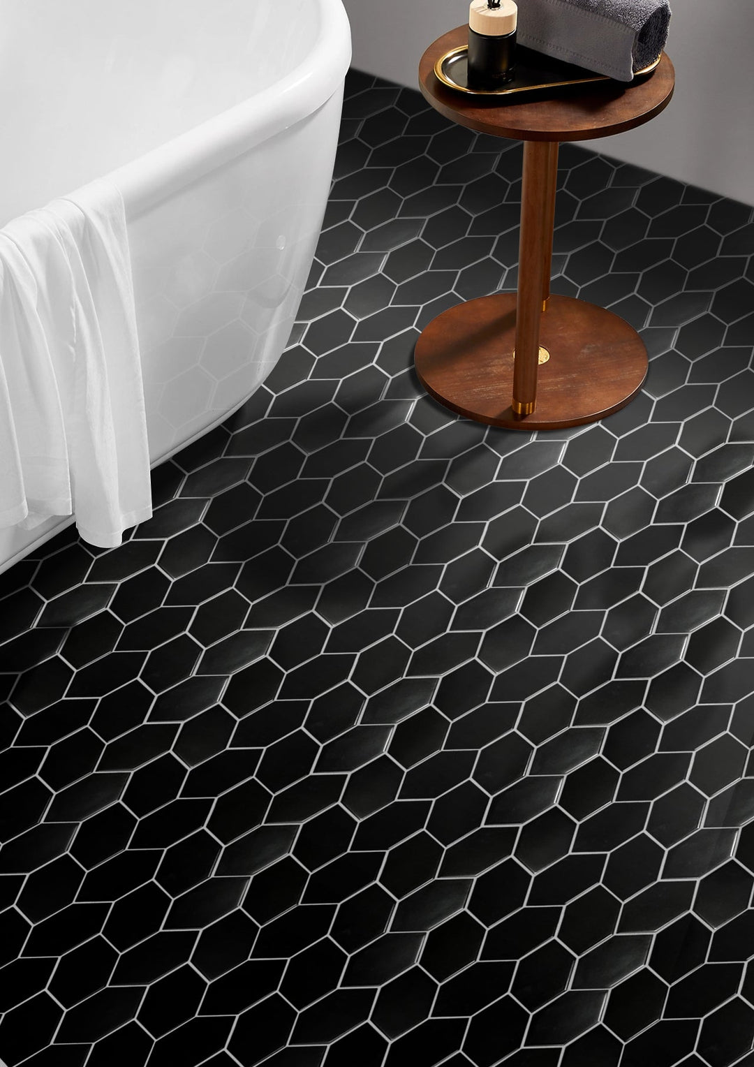 Living room accent wall with Black Hexagon Leaf Porcelain Mosaic Tile – geometric matte tile adds contrast.
