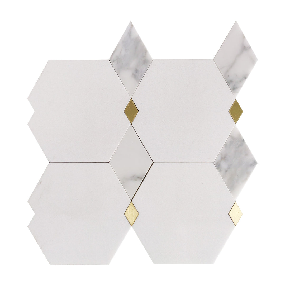 Single piece of Calacatta, Thassos, and Brass Marble Waterjet Mosaic Tile – 12x12 inch polished design