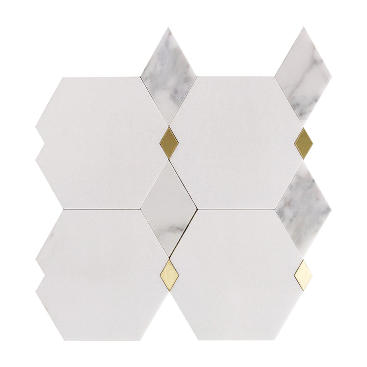 Single piece of Calacatta, Thassos, and Brass Marble Waterjet Mosaic Tile – 12x12 inch polished design