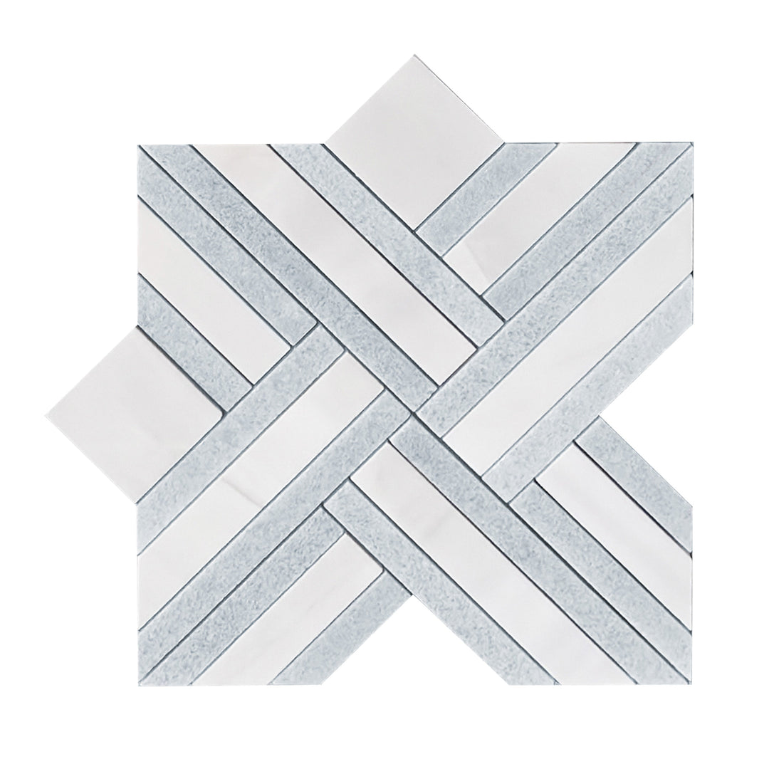 Single piece of Blue Celeste and Dolomite Marble Waterjet Mosaic Tile – 12x12 inch floral pattern