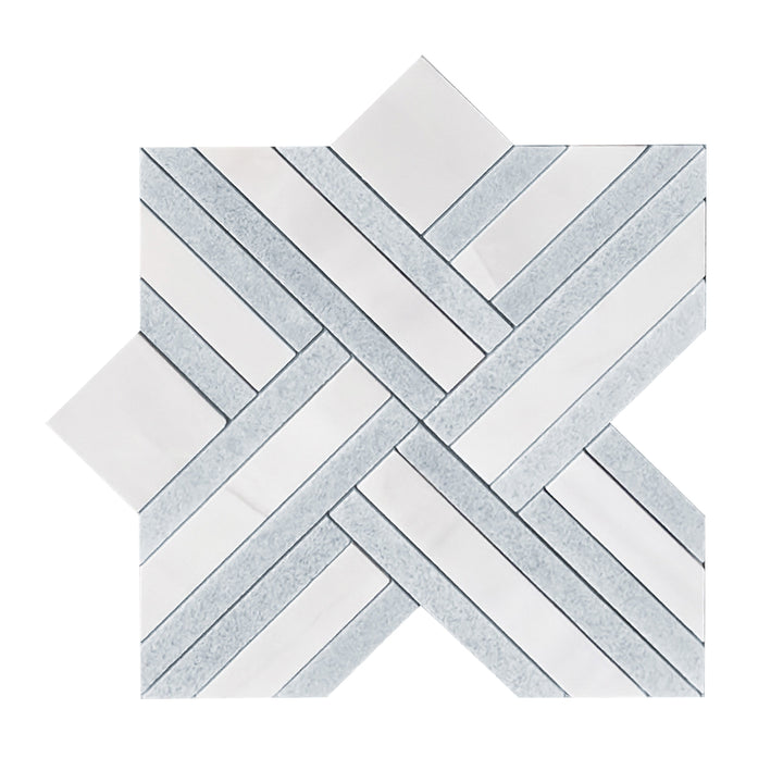 Single piece of Blue Celeste and Dolomite Marble Waterjet Mosaic Tile – 12x12 inch floral pattern