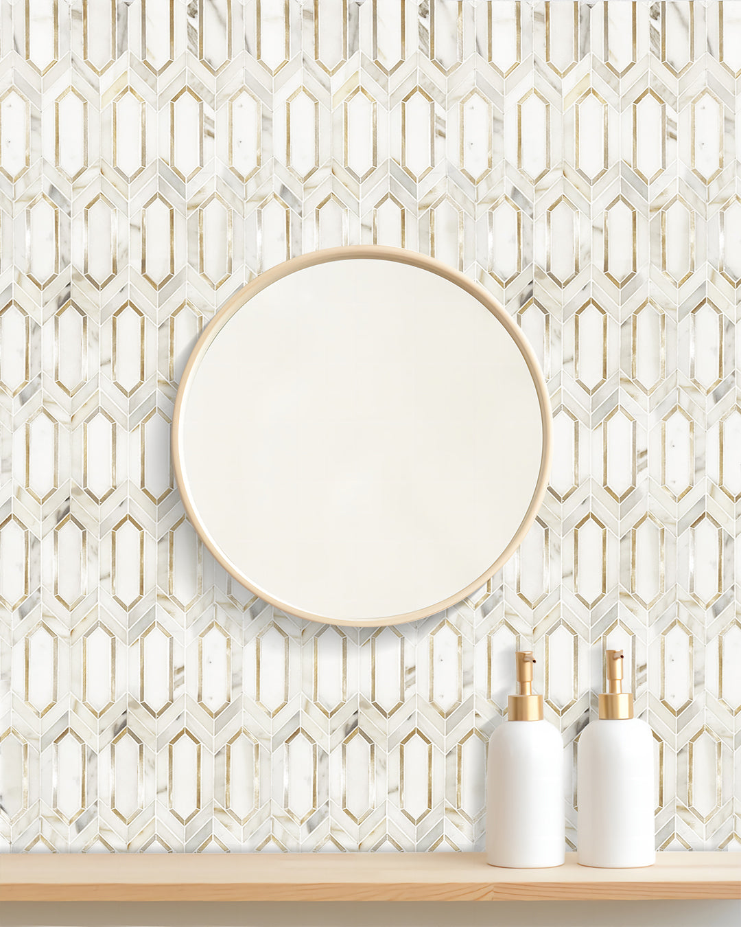 Calacatta Gold with Metal Elongated Hexagon 12-in x 12-in Waterjet Mosaic Wall Tile(1-sq. ft/ Piece)