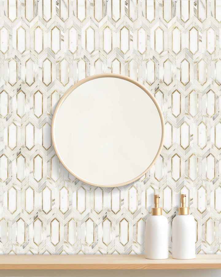 Calacatta Gold with Metal Elongated Hexagon 12-in x 12-in Waterjet Mosaic Wall Tile(1-sq. ft/ Piece)