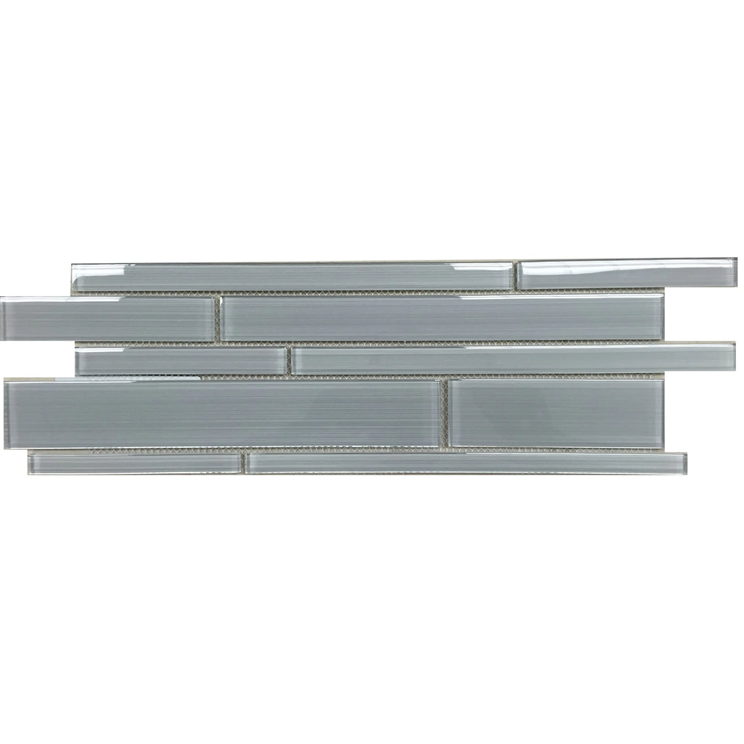 Single 6x18 inch Ice Denim Glass Mix Random Strip Mosaic Wall Tile – cool-toned glass tile with mixed icy denim shades, 0.75 sq. ft per piece.