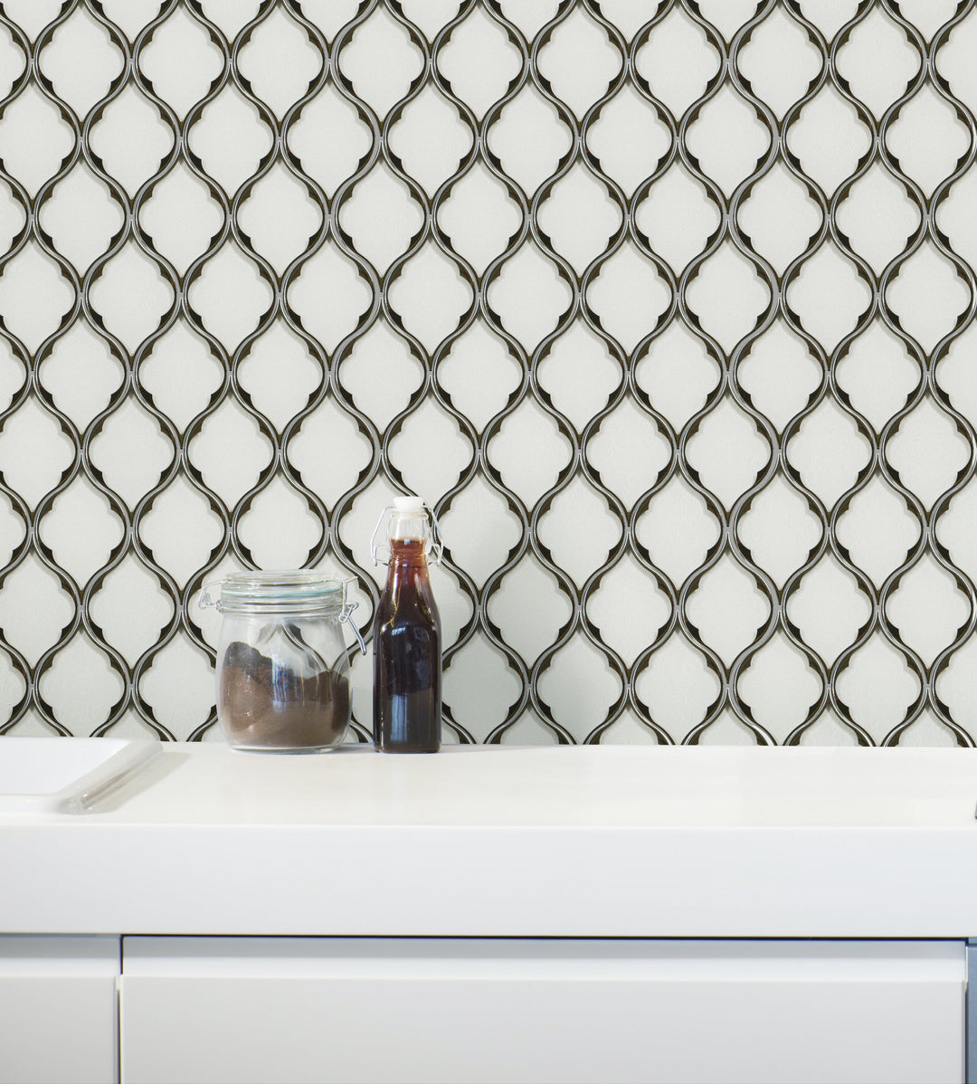 Feathered Lantern Pattern with Silver Trim Glass Mosaic Wall Tile - Sample (Product Shown is Full Size)