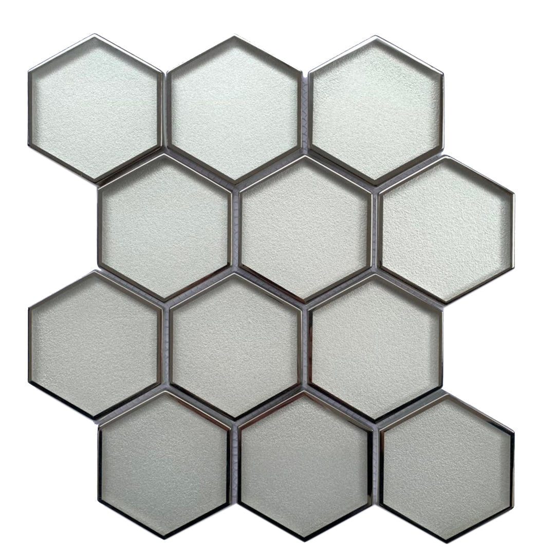 Single 9x11 inch 3” Hexagon Silver Glass Mosaic Tile with Silver Trim – modern hexagon design with silver trim, 0.7 sq. ft per piece