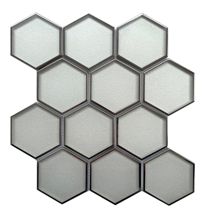 Single 9x11 inch 3” Hexagon Silver Glass Mosaic Tile with Silver Trim – modern hexagon design with silver trim, 0.7 sq. ft per piece