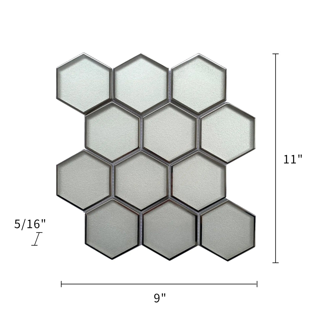 Size diagram of 9x11 inch 3” Hexagon Silver Glass Mosaic with Silver Trim – labeled for wall installation, 0.7 sq. ft coverage