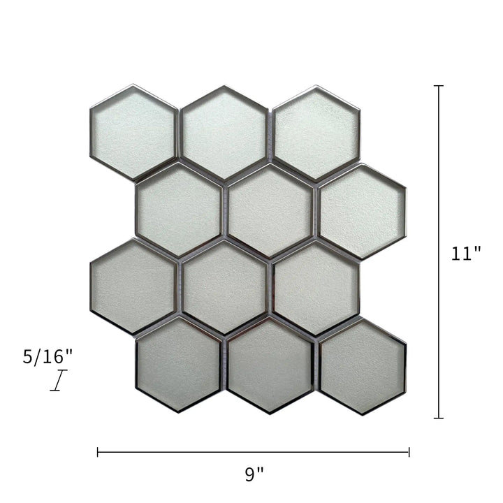 Size diagram of 9x11 inch 3” Hexagon Silver Glass Mosaic with Silver Trim – labeled for wall installation, 0.7 sq. ft coverage