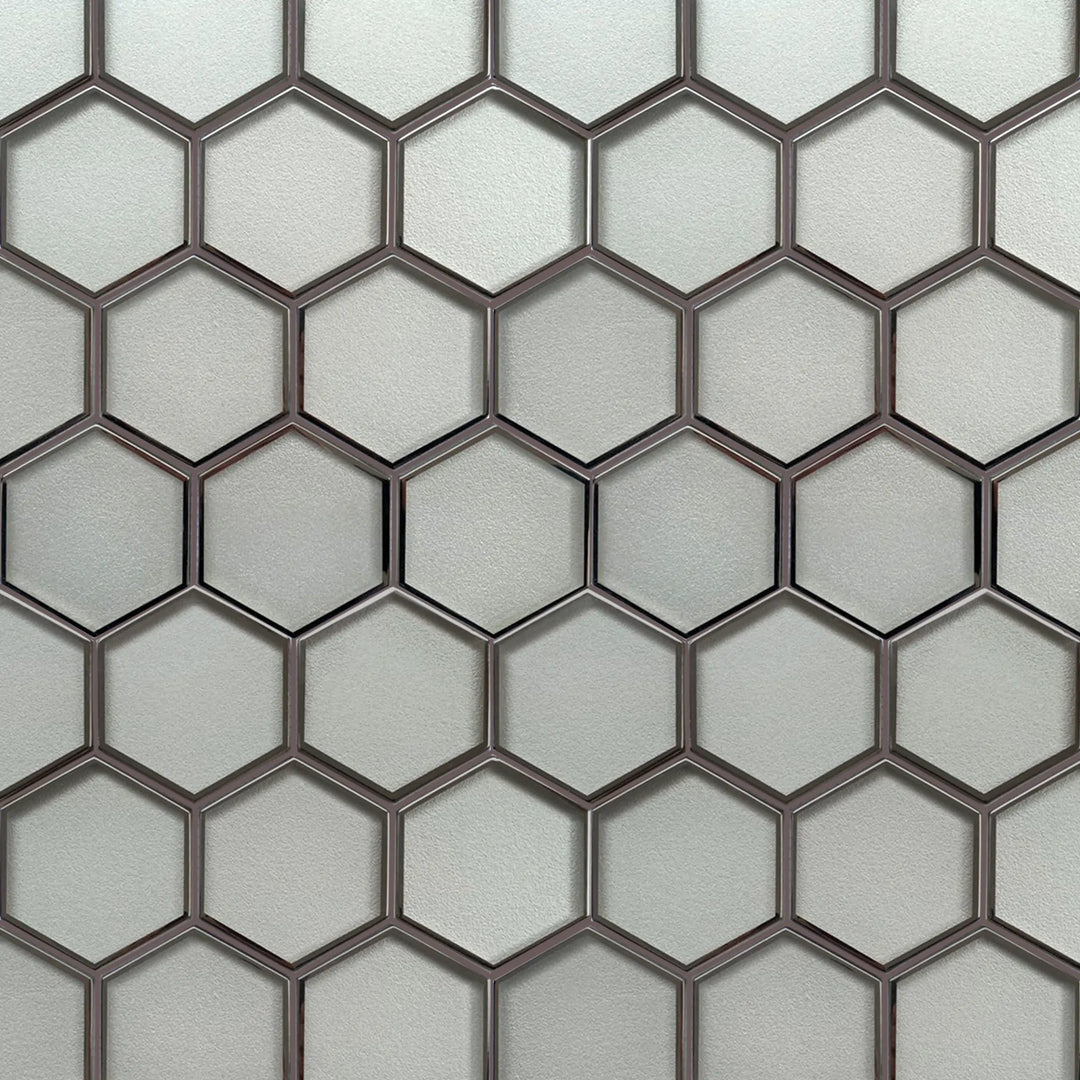 Sample display board of 9x11 inch 3” Hexagon Silver Glass Mosaic Tiles with Silver Trim – showcasing modern hexagonal pattern with silver accents