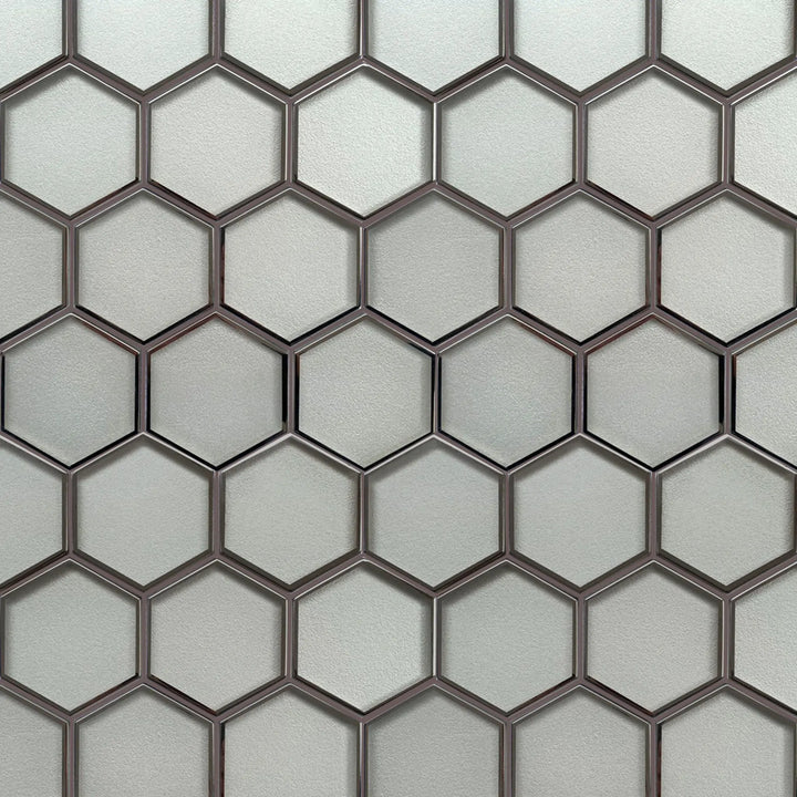 Sample display board of 9x11 inch 3” Hexagon Silver Glass Mosaic Tiles with Silver Trim – showcasing modern hexagonal pattern with silver accents