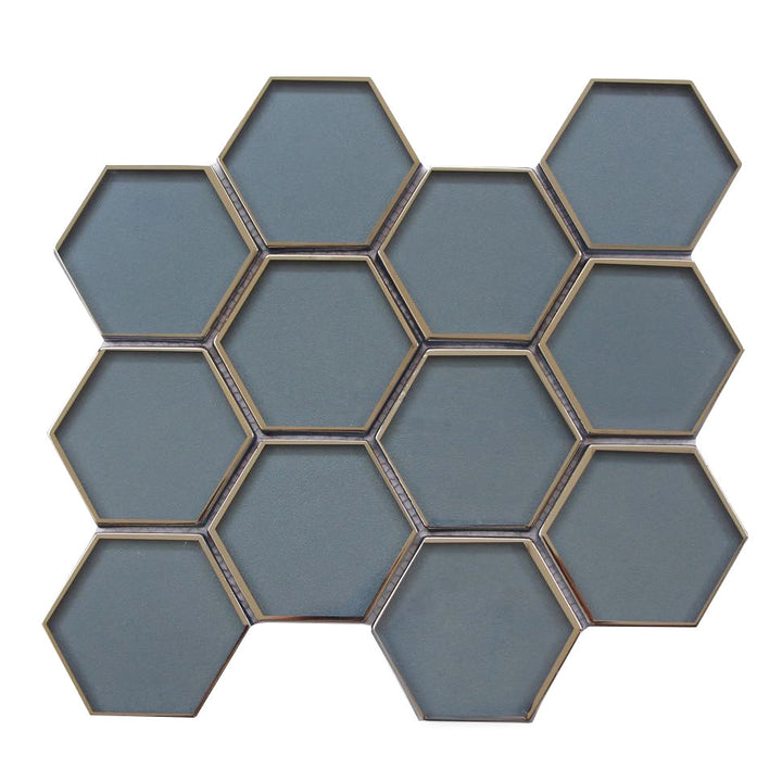 3-in Hexagon Dark Blue Glass with Silver Edge 11-in x 9-in Glass Mosaic Wall Tile(0.7-sq. ft/ Piece)