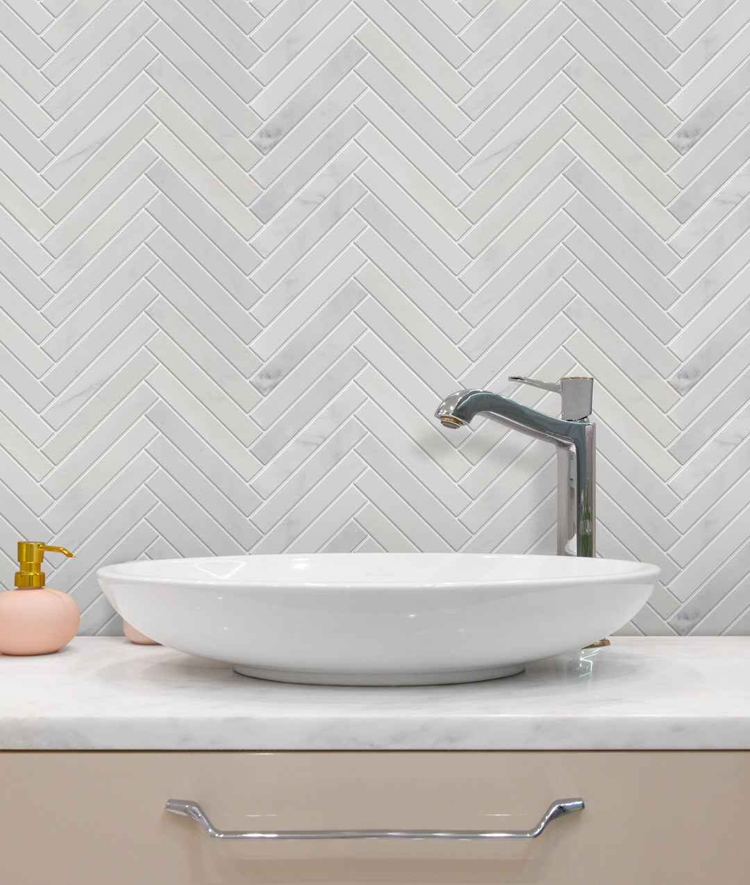 Oriental White Honed Herringbone Marble Mosaic Floor and Wall Tile - Sample (Product Shown is Full Size)
