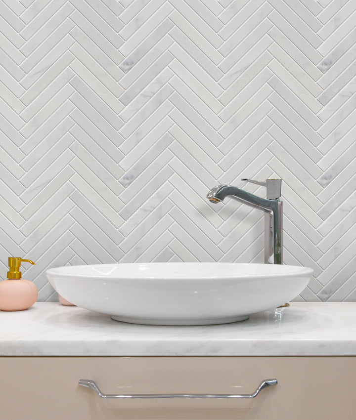 Oriental White Honed Herringbone Marble Mosaic Floor and Wall Tile - Sample (Product Shown is Full Size)