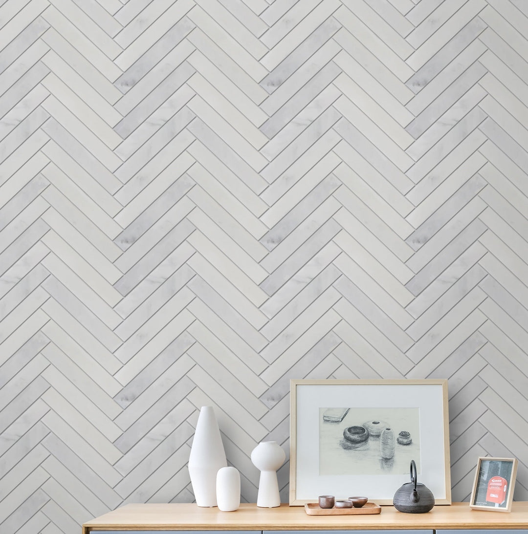 Oriental White Honed Herringbone Marble Mosaic Floor and Wall Tile - Sample (Product Shown is Full Size)