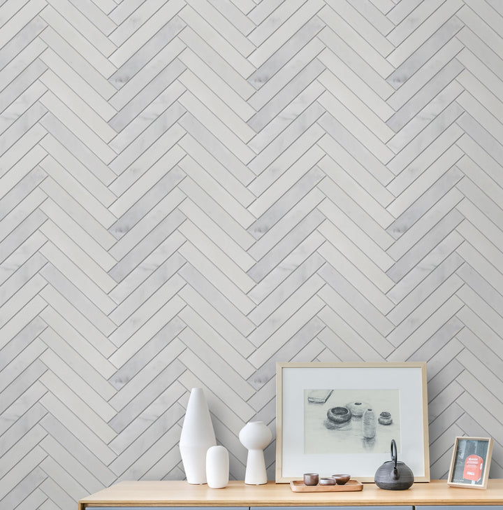 Oriental White Honed Herringbone Marble Mosaic Floor and Wall Tile - Sample (Product Shown is Full Size)