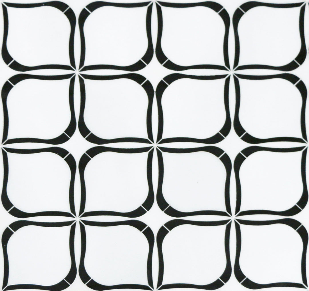 Tulip Pattern Thassos & Black Marble Waterjet Mosaic Floor and Wall Tile - Sample (Product Shown is Full Size)
