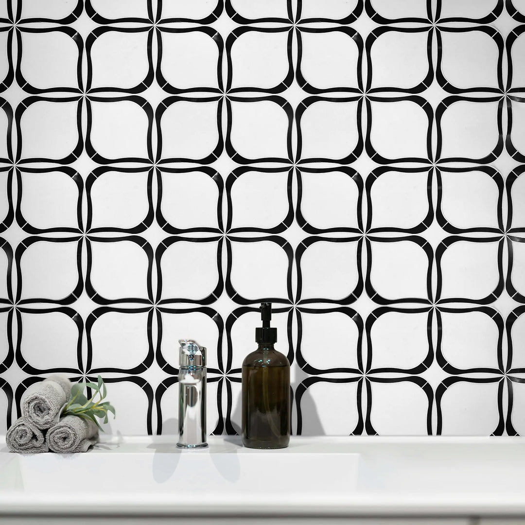 Tulip Pattern Thassos & Black Marble Waterjet Mosaic Floor and Wall Tile - Sample (Product Shown is Full Size)