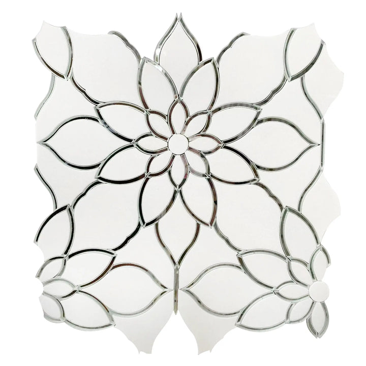 Single 13x13 inch Thassos & Mirror Floral Waterjet Mosaic Tile – polished white marble with reflective mirror floral accents.