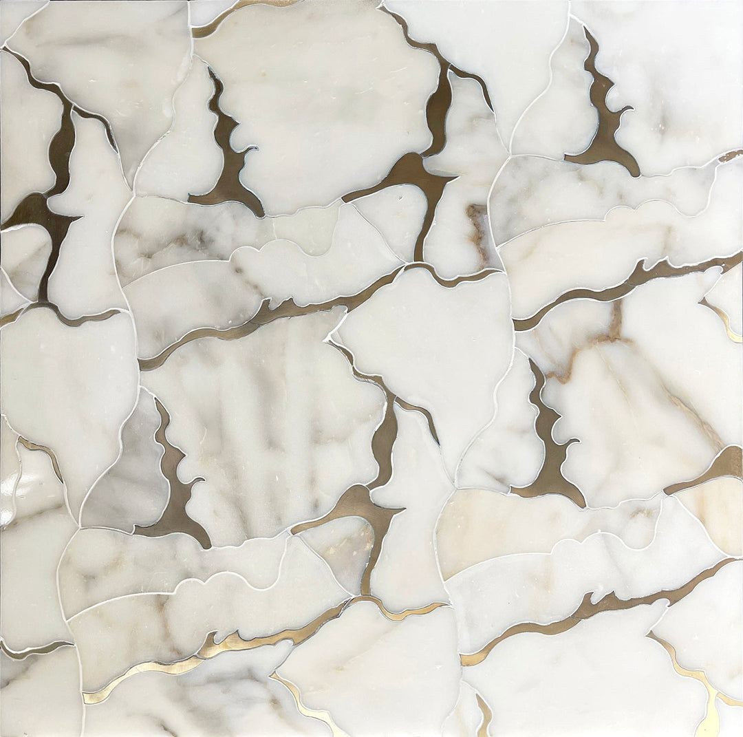 Sample display board featuring Calacatta Gold Marble Organic Geode Waterjet Mosaic Tile – luxurious 12x11 inch marble mosaic layout.