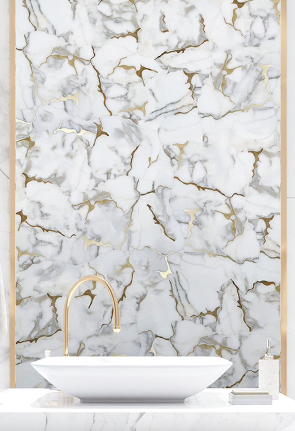 Bathroom wall tiled with Calacatta Gold Marble Organic Geode Waterjet Mosaic – refined natural marble pattern with geode accents.