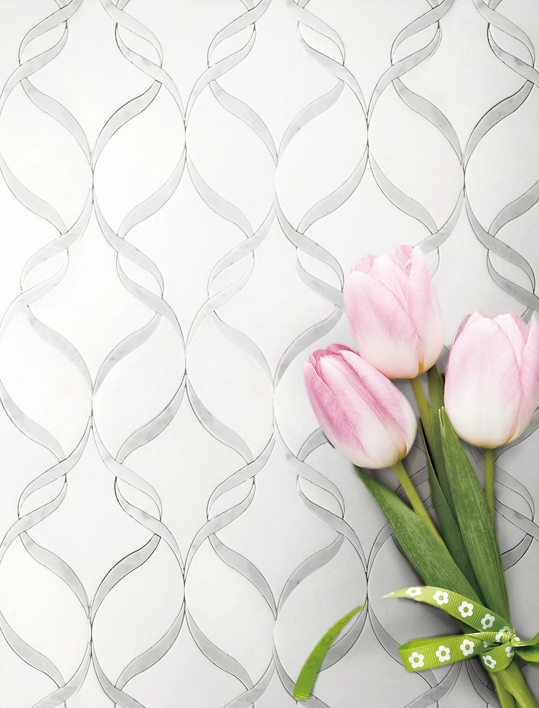Soft Ribbons Carrara White & Thassos Waterjet Mosaic Floor and Wall Tile - Sample (Product Shown is Full Size)