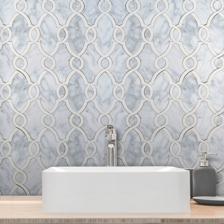 Carrara White & Thassos White 10-in x 14-in Waterjet Mosaic Floor and Wall Tile(0.97-sq. ft/ Piece)