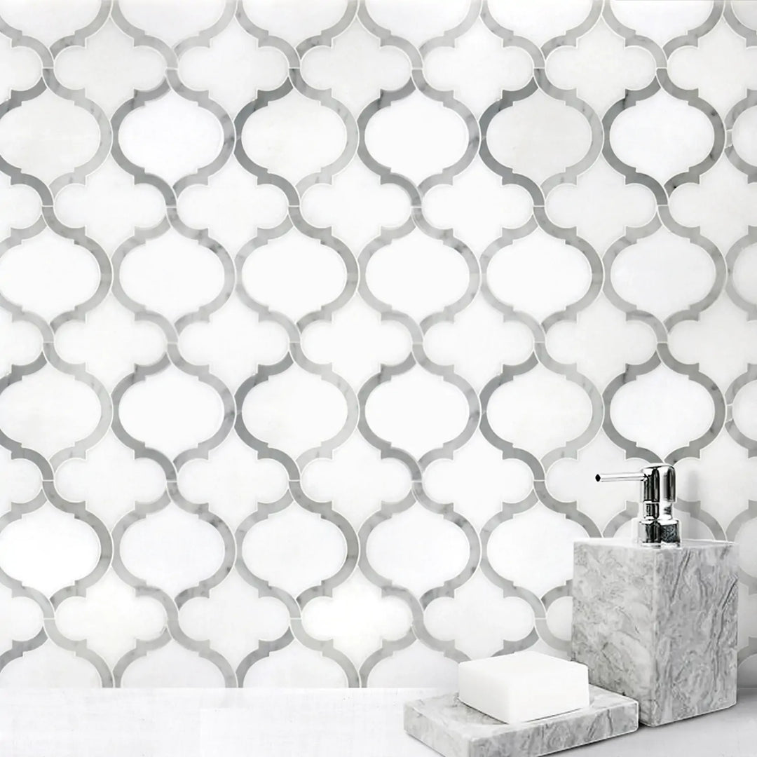 Marrakesh - Carrara White & Thassos White 9-in x 10-in Waterjet Mosaic Floor and Wall Tile(0.63-sq. ft/ Piece)