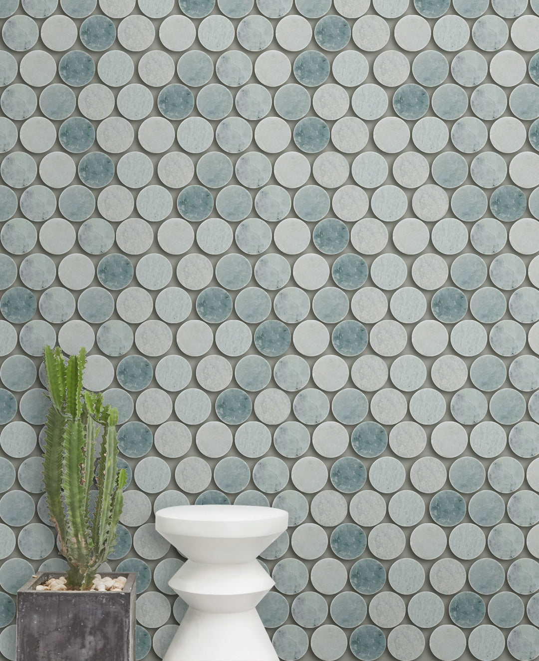 1-in Ming Green Penny Circle Polished Marble Mosaic Floor and Wall Tile - Sample (Product Shown is Full Size)