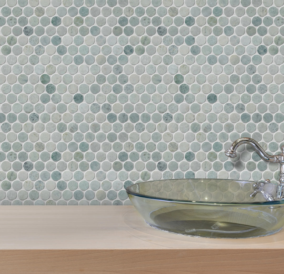 1-in Ming Green Penny Circle 12-in x 12-in Polished Marble Mosaic Floor and Wall Tile(1-sq. ft/ Piece)