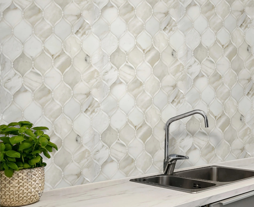 Dewdrop Thassos & Calacatta 13-in x 13-in Waterjet Mosaic Floor and Wall Tile(1.17-sq. ft/ Piece)