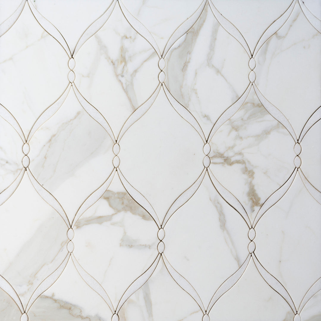 Dewdrop Thassos & Calacatta Waterjet Mosaic Floor and Wall Tile - Sample (Product Shown is Full Size)