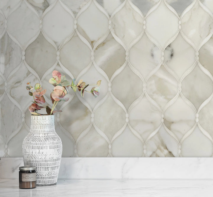 Dewdrop Thassos & Calacatta 13-in x 13-in Waterjet Mosaic Floor and Wall Tile(1.17-sq. ft/ Piece)