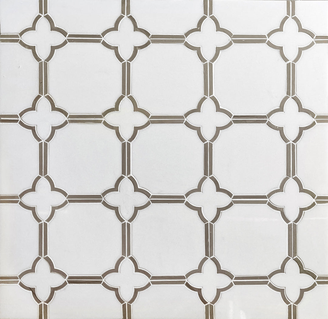 Display board featuring Thassos and Athens Gray Waterjet Mosaic Tile – polished gray and white marble sample for interior design presentation