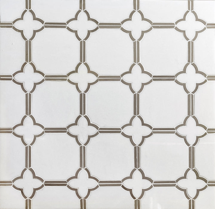Display board featuring Thassos and Athens Gray Waterjet Mosaic Tile – polished gray and white marble sample for interior design presentation