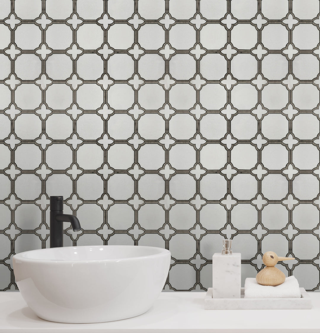 Bathroom wall featuring Thassos White and Athens Gray Patterned Polished Waterjet Mosaic Tile – refined gray and white marble pattern adding elegance