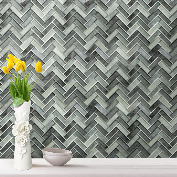 Misty Gray Herringbone Glass Mosaic Wall Tile - Sample (Product Shown is Full Size)