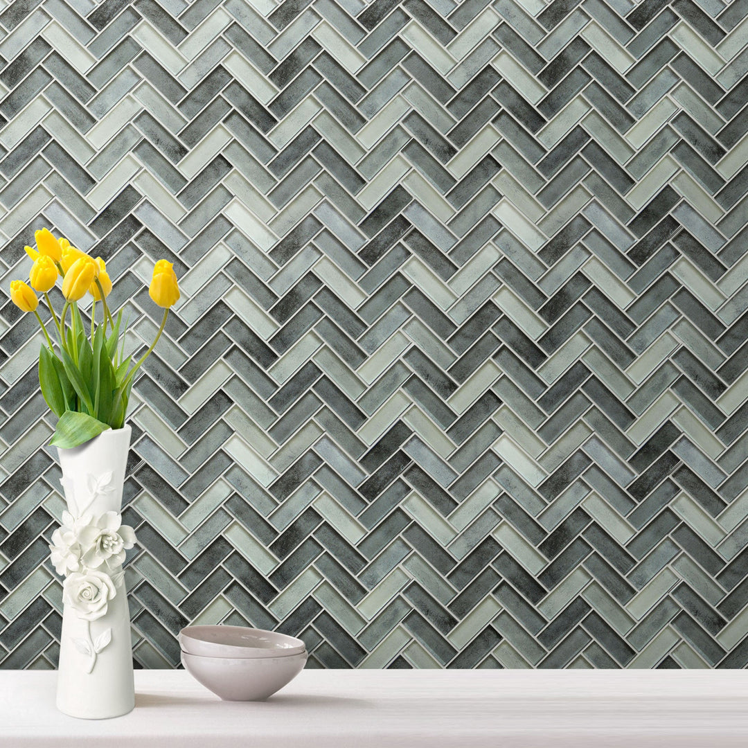 Misty Gray 11-in x 13-in Herringbone Glass Mosaic Wall Tile(0.95-sq. ft/ Piece)