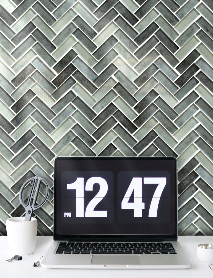 Misty Gray Herringbone Glass Mosaic Wall Tile - Sample (Product Shown is Full Size)
